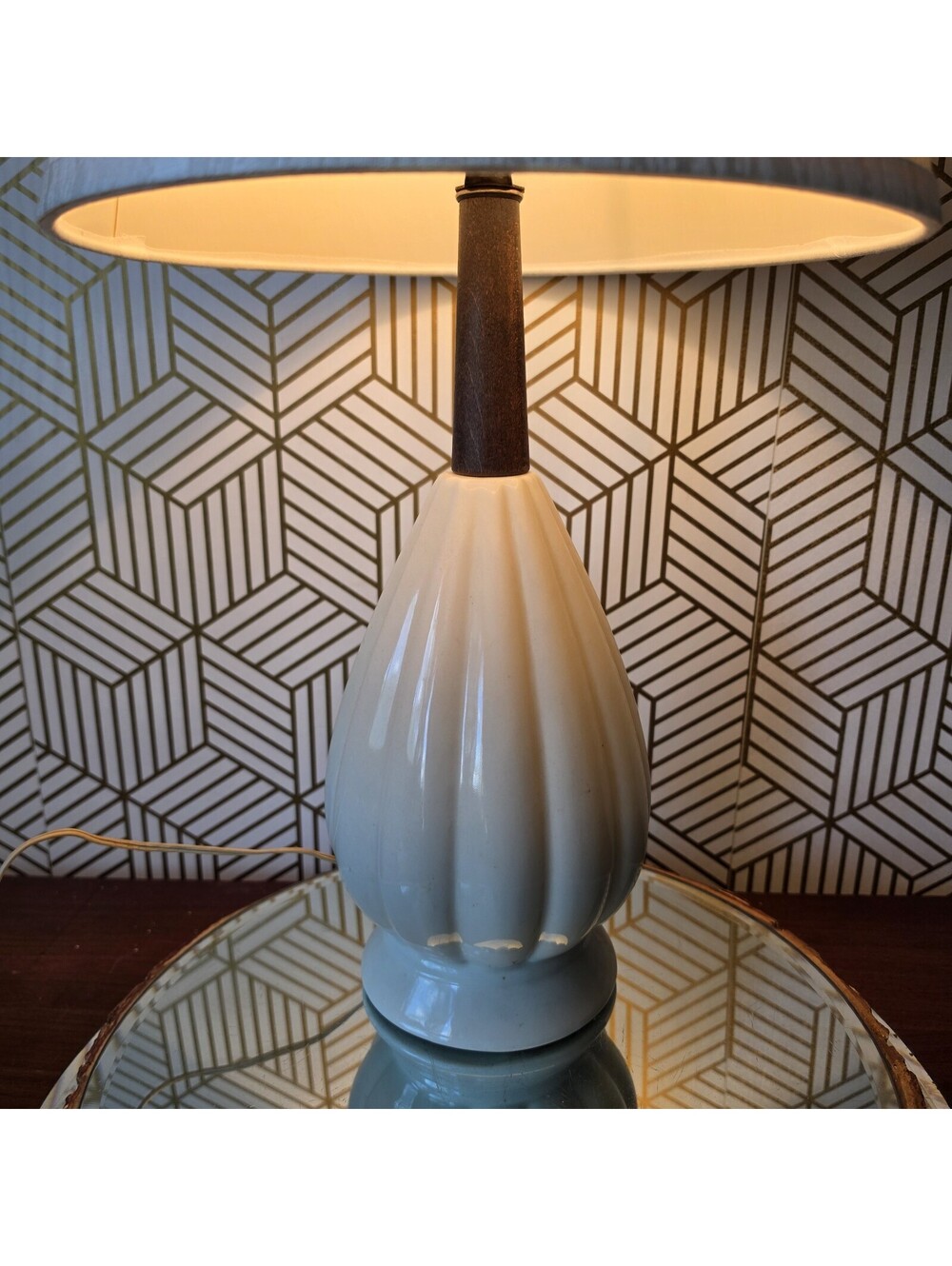 Vintage MCM Danish Modern Ceramic Table Lamp W Wood Riser